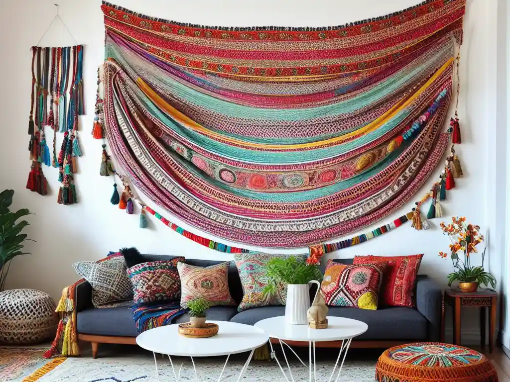 Bohemian Themed wall Decor, Create a gallery wall of unique artwork, travel souvenirs, or vintage textiles, or add a large tapestry or macrame wall hanging as a focal point