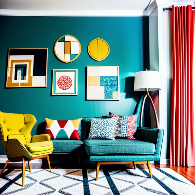 Chic Mid-Century Modern living space featuring retro furniture, geometric patterns, and eye-catching wall decor ideas