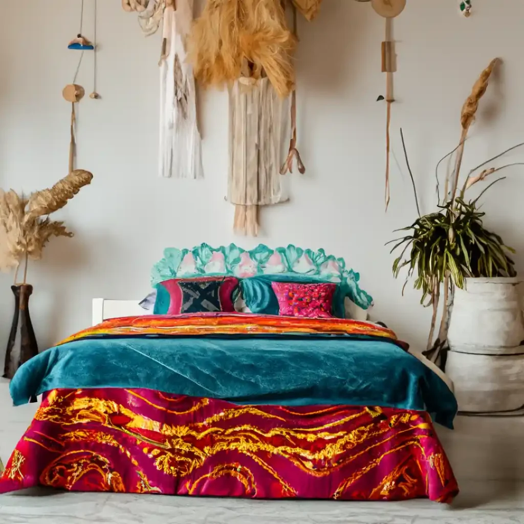 Eclectic Bohemian Style bedroom with vibrant patterns, global accents, and creative wall decor ideas