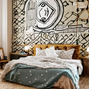 Eclectic Bohemian Style bedroom with vibrant patterns, global accents, and creative wall decor neww