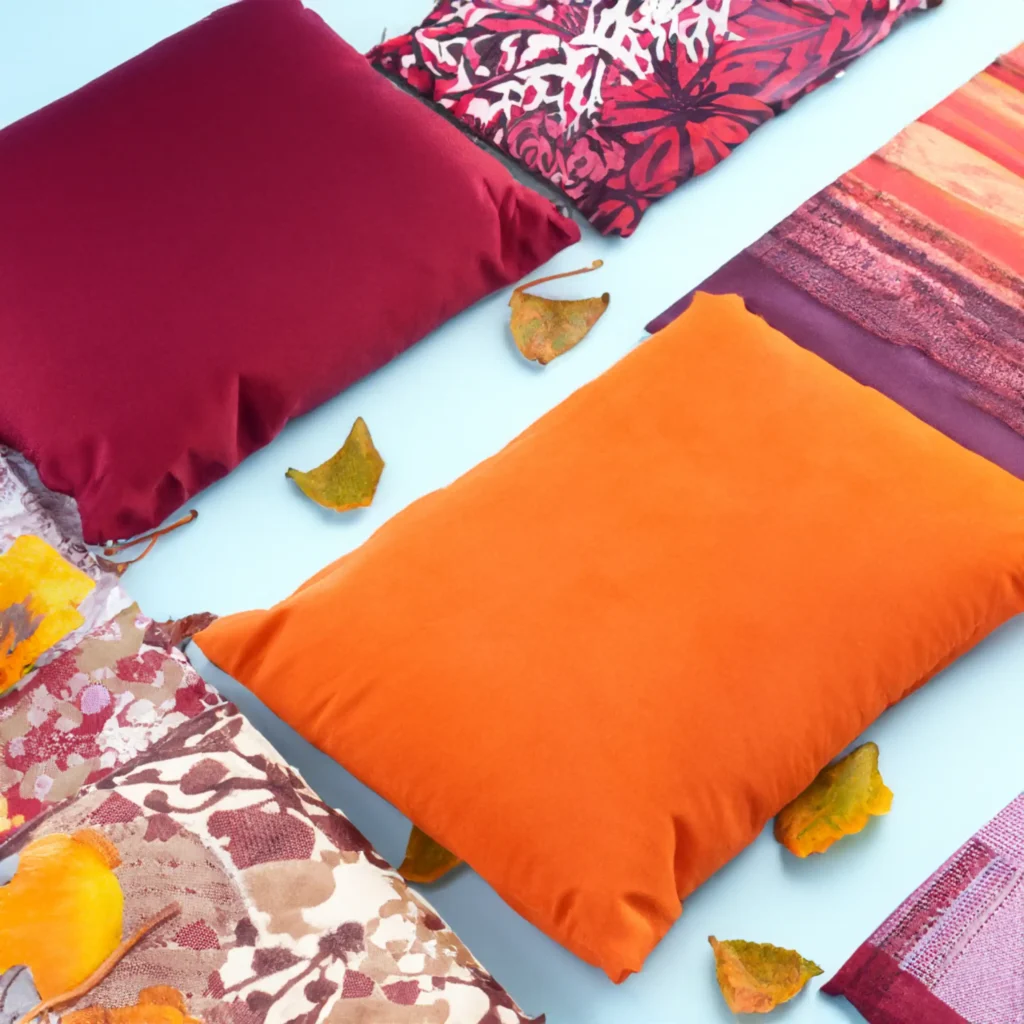 Assorted fall-themed textiles like cushion covers and table runners that are perfect for home decoration.