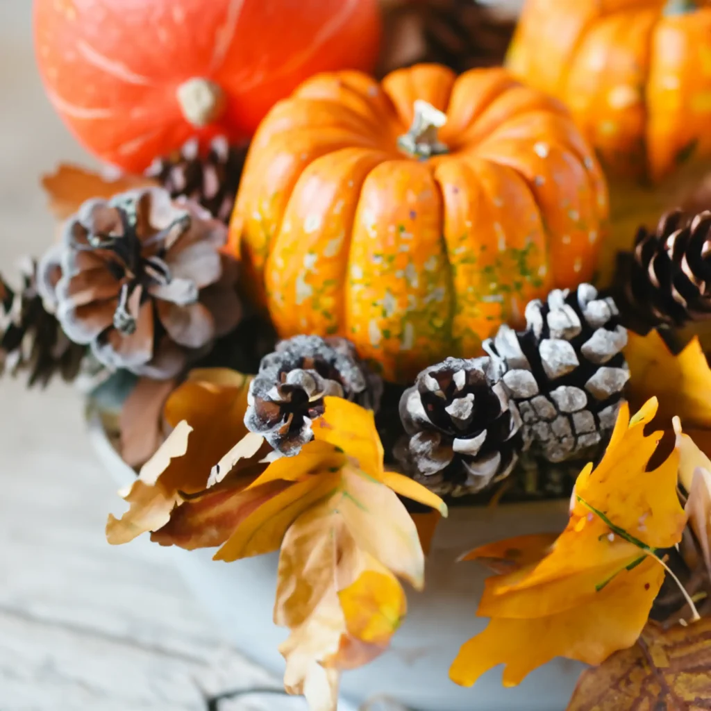 DIY Fall centerpiece featuring leaves, pinecones, and small pumpkins for quick and easy home decoration.