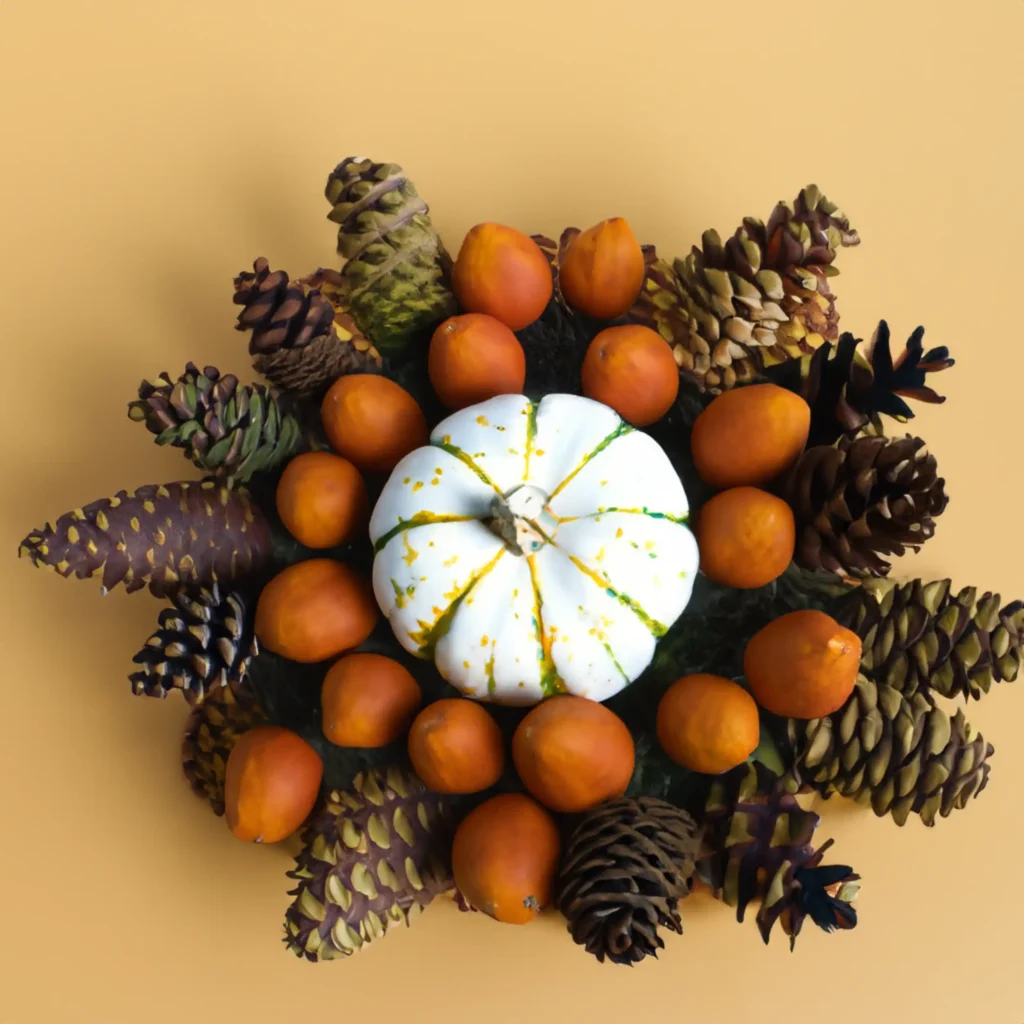 DIY fall centerpiece with pine cones and mini pumpkins.