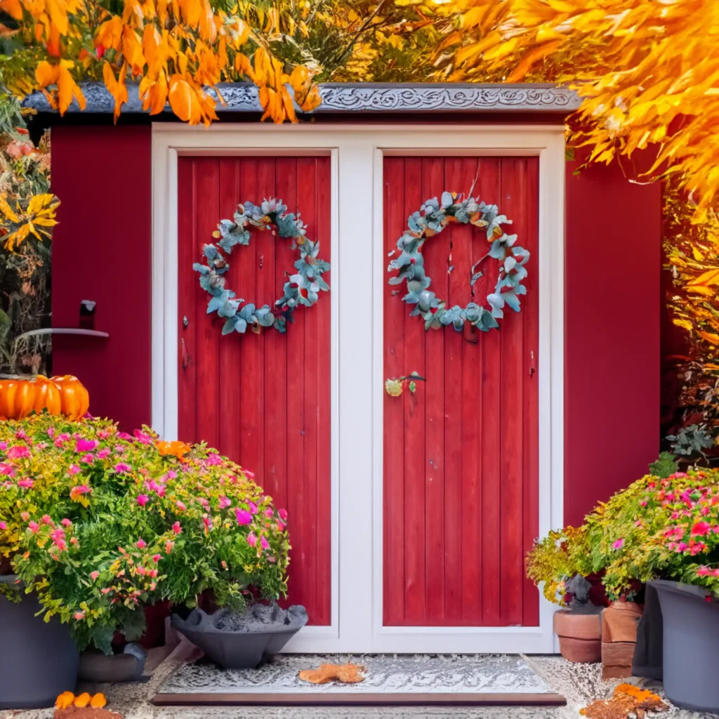Front door adorned with fall wreaths and decor.