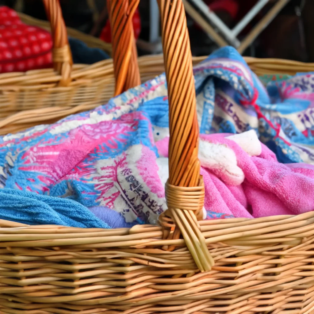 Wicker baskets filled with warm blankets, perfect for fall decor.
