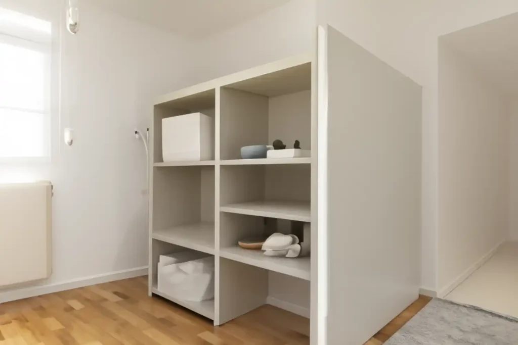  image of a well-organized room with storage solutions.