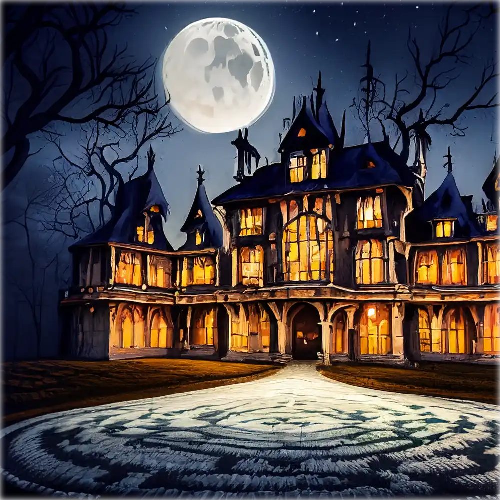 Spooky wall tapestry showcasing a haunted mansion, perfect for Halloween vibes.