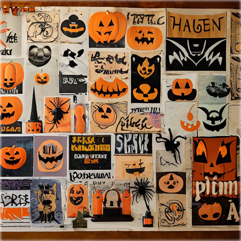 Collection of vintage Halloween posters creating an interesting historical display.
