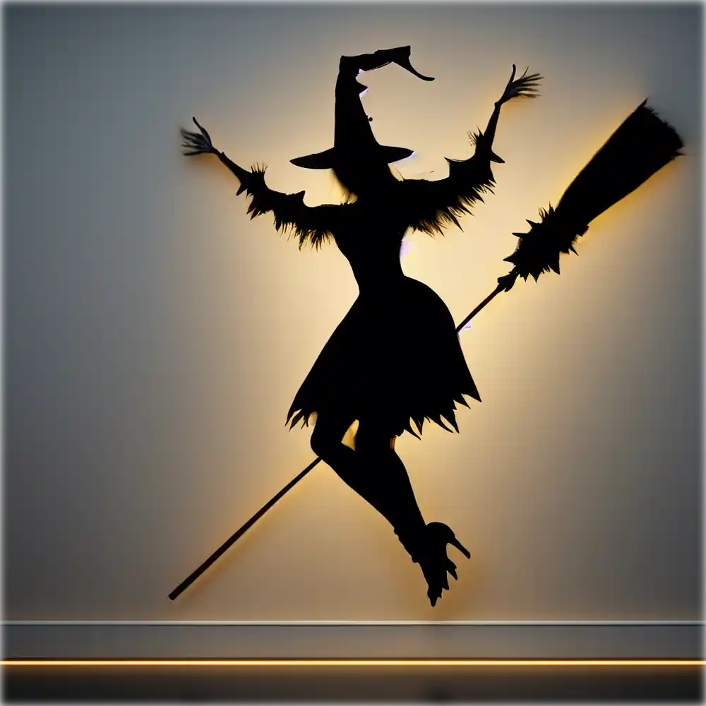 A witch's silhouette, an example of interesting wall decor utilizing shadow play.