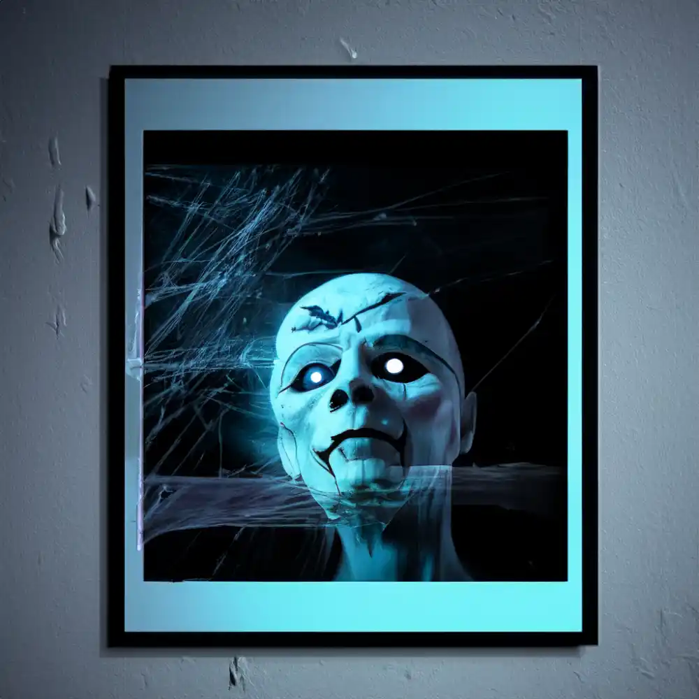 Digital frame displaying a shifting haunted portrait as an example of tech in Halloween decor.