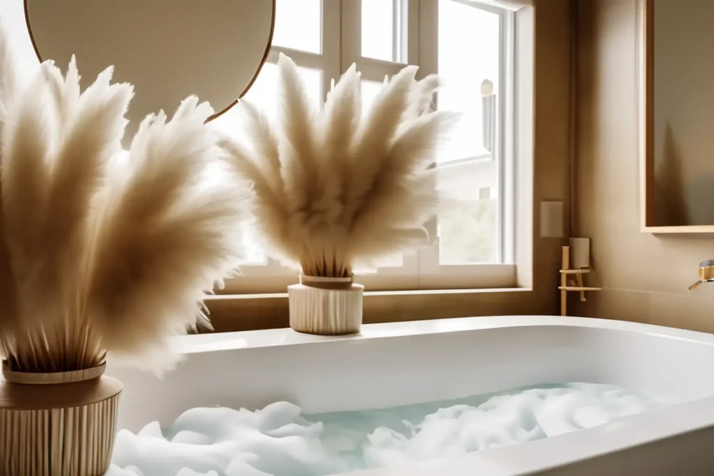 A tranquil bathroom oasis highlighted by the soft elegance of pampas grass arrangements