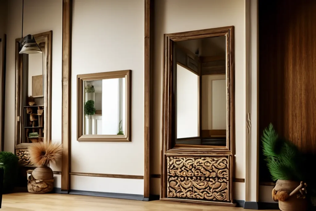 Stylish pampas feature wall enhanced with wood and mirroring elements for a captivating look.