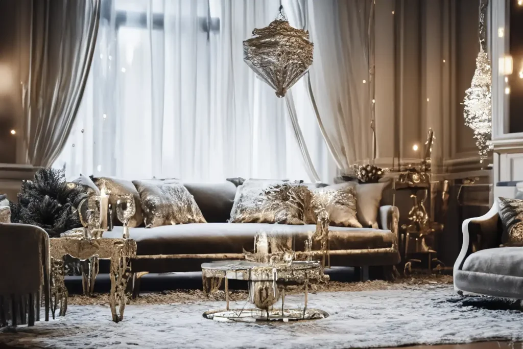 Winter elegance brought to life with shimmering decor accents and reflective surfaces, creating a serene yet opulent home setting.
