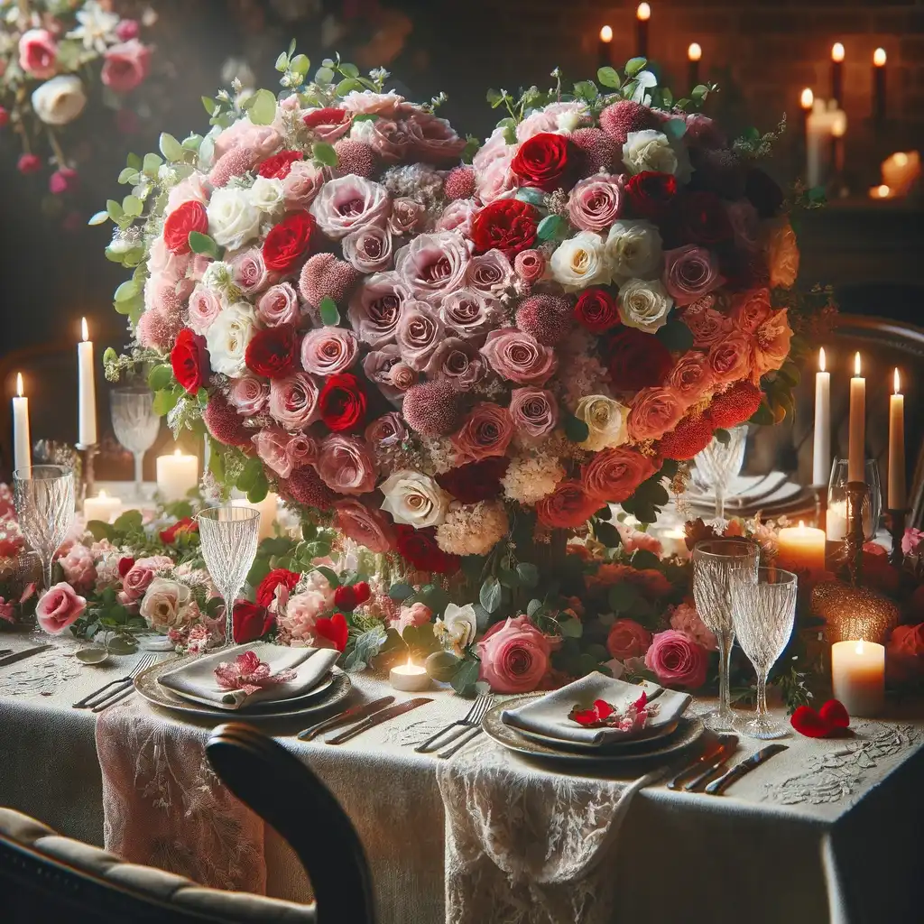 Romantic Valentine's tablescape centralizing on a lush floral arrangement that becomes the heart of an enchanting dining setup.