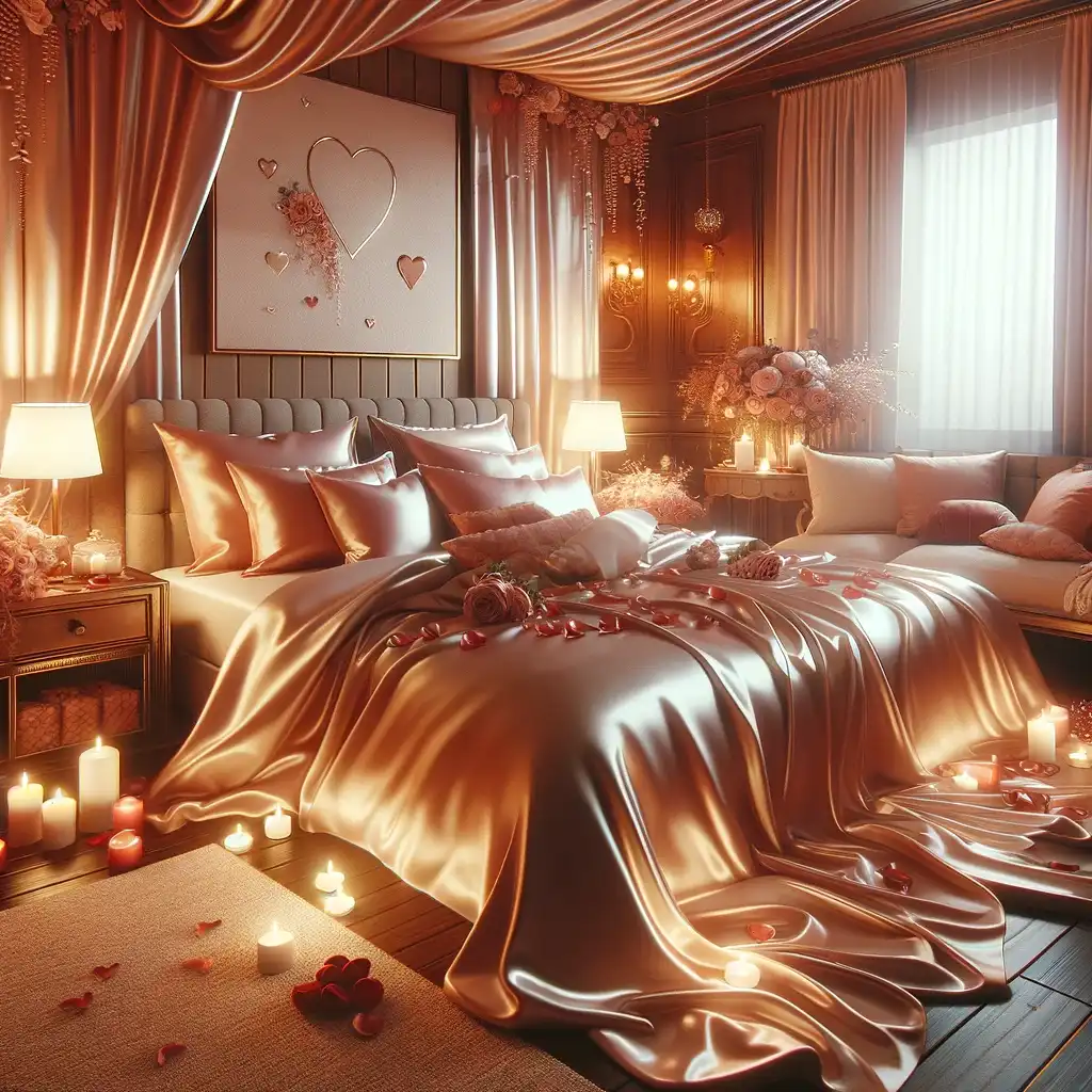 Valentine’s Day bedroom transformation featuring sensuous satin sheets and ambient lighting for an inviting romantic retreat.