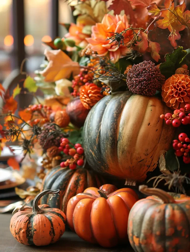 A bountiful autumn centerpiece featuring an array of pumpkins, gourds, and fall foliage.