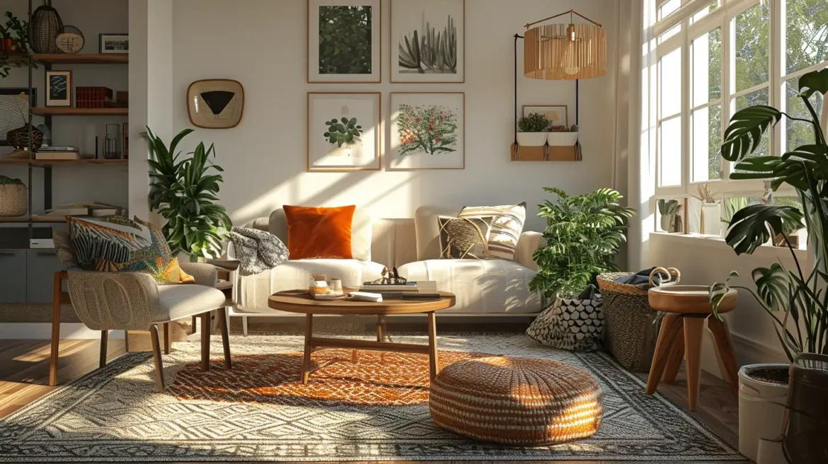 A cozy living room beautifully styled with a mix of home decor styles, showcasing clean lines, natural materials, and a warm, inviting color scheme. A cozy living room beautifully styled with a mix of home decor styles, showcasing clean lines, natural materials, and a warm, inviting color scheme.