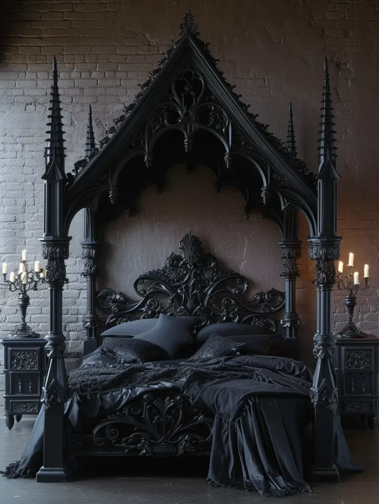 A curated selection of gothic bed frames showcases options from lavish and detailed to sleek and subtle gothic inspirations.