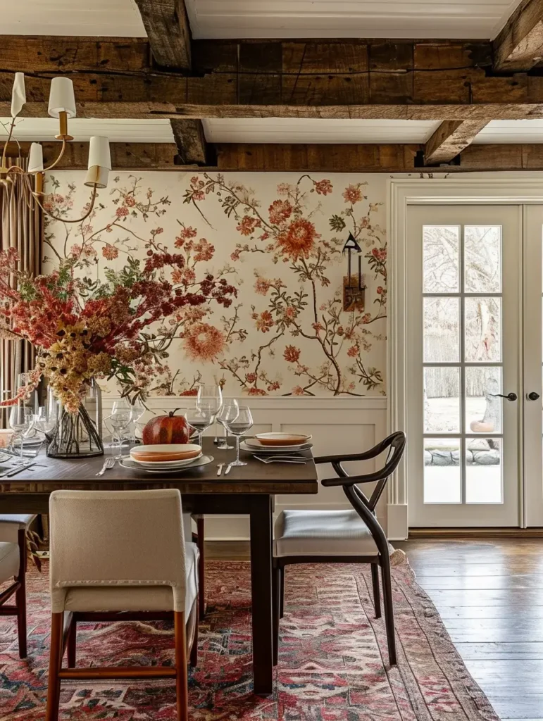 A dining area decked out in fall decor, from the table to the walls.