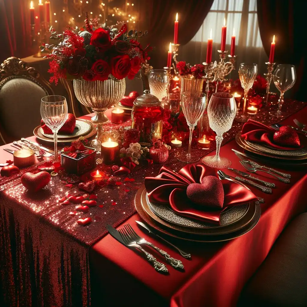 A lavish Valentine's Day tablescape adorned with a rich red tablecloth and shimmering runners, setting the mood for a romantic feast.