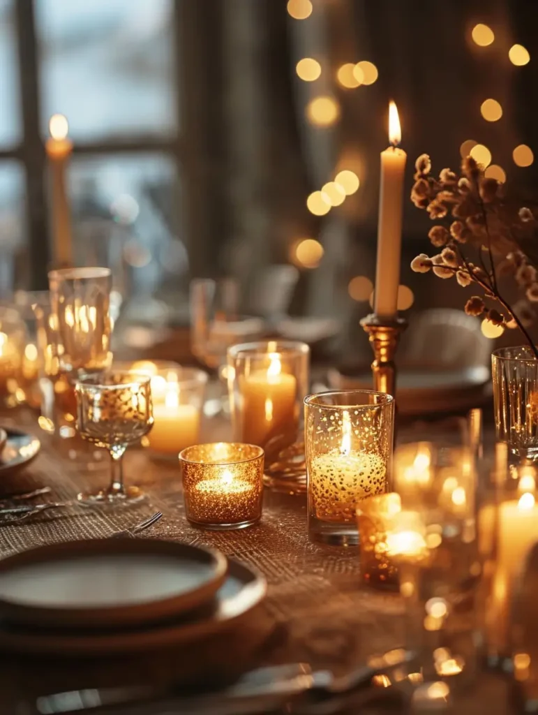A fall-themed dining table illuminated by golden candles