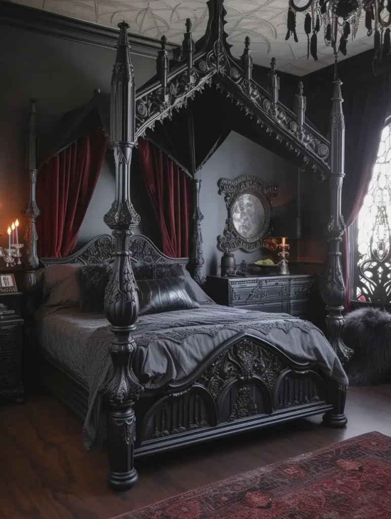 A handsomely styled bedroom that complements the intricate details of a gothic bed frame with luxurious bedding and vintage-inspired decor.