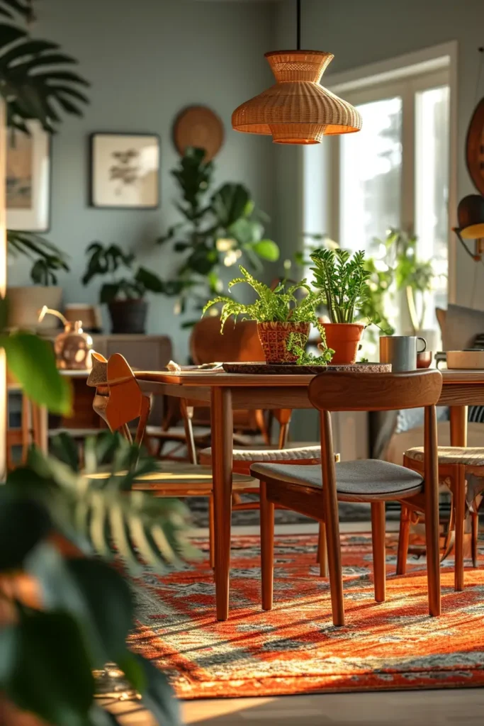 A harmonious blend of home decor styles in the dining area, featuring midcentury modern chairs and a rustic shabby chic table, complemented by greenery in terracotta pots for an organic touch.