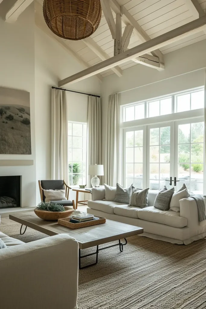 A modern farmhouse-styled living room blending comfort with a sleek design, featuring neutral tones and natural wood accents.