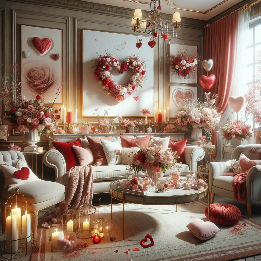 A romantic Valentine's Day-themed living room, beautifully decorated with a harmonious color scheme and thematic accents.