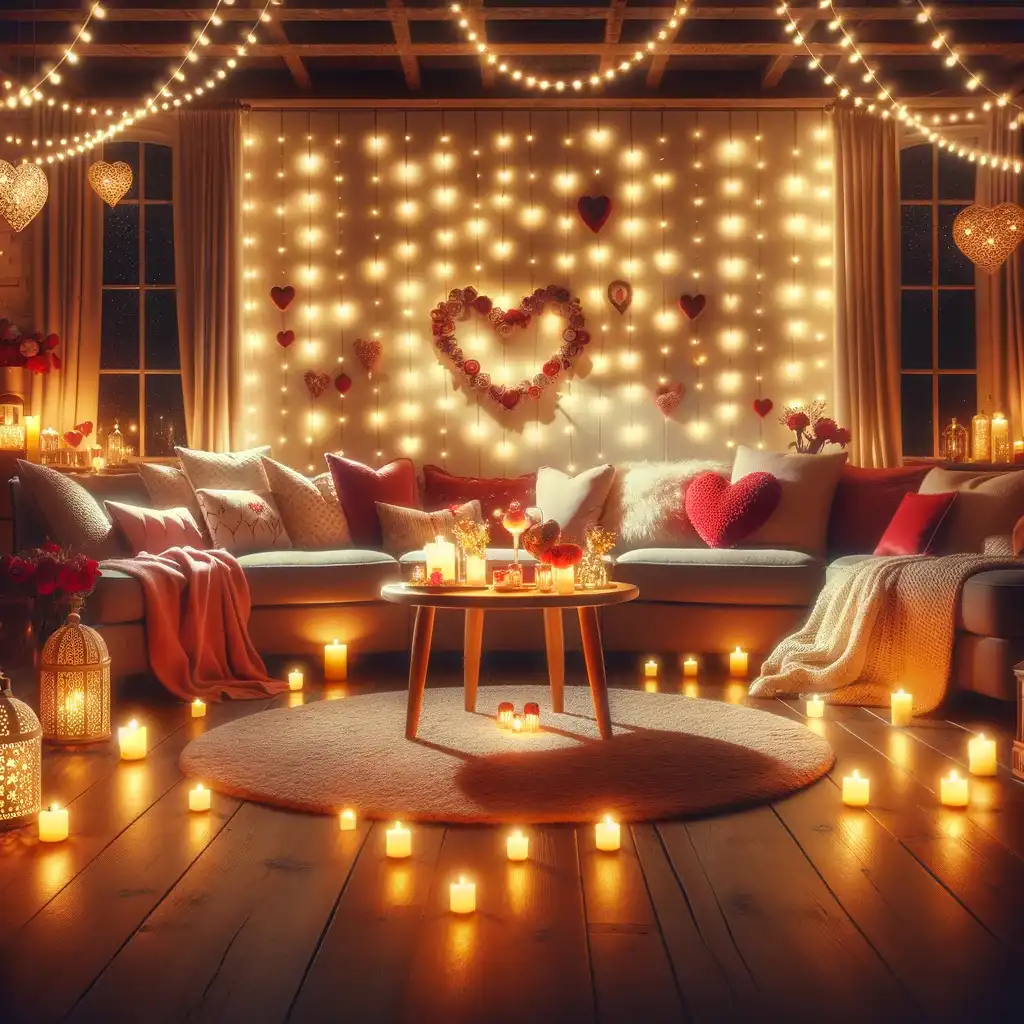 A romantic living room ambiance created with the soft glow of string lights, offering a warm and inviting space for Valentine's Day.