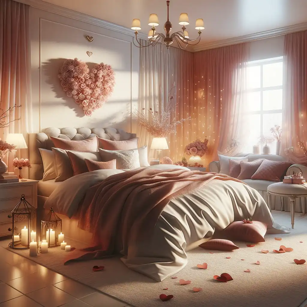 A serene bedroom transformed for Valentine's Day with luxurious bedding, soft lighting, and romantic decor accents.
