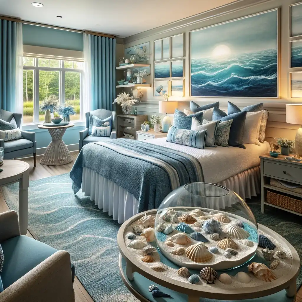 A serene nursing home room transformed with a coastal theme, featuring seashells and calming blue decor reminiscent of the sea.