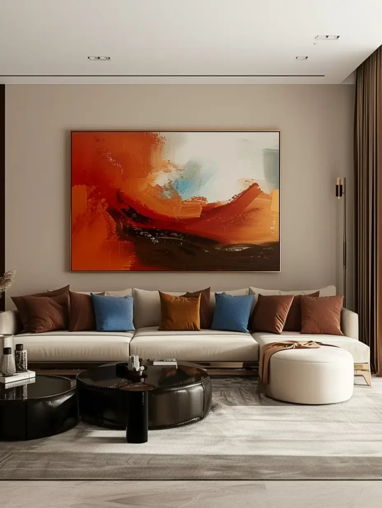 Commanding attention, a large-scale painting above the couch becomes the focal point of this stylish living room