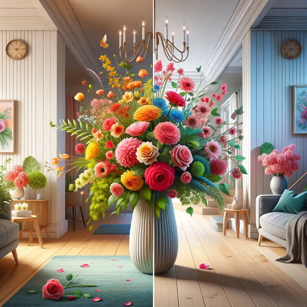 A vibrant floral arrangement transitions from a Valentine's Day centerpiece to a lively accent in a welcoming home entryway.