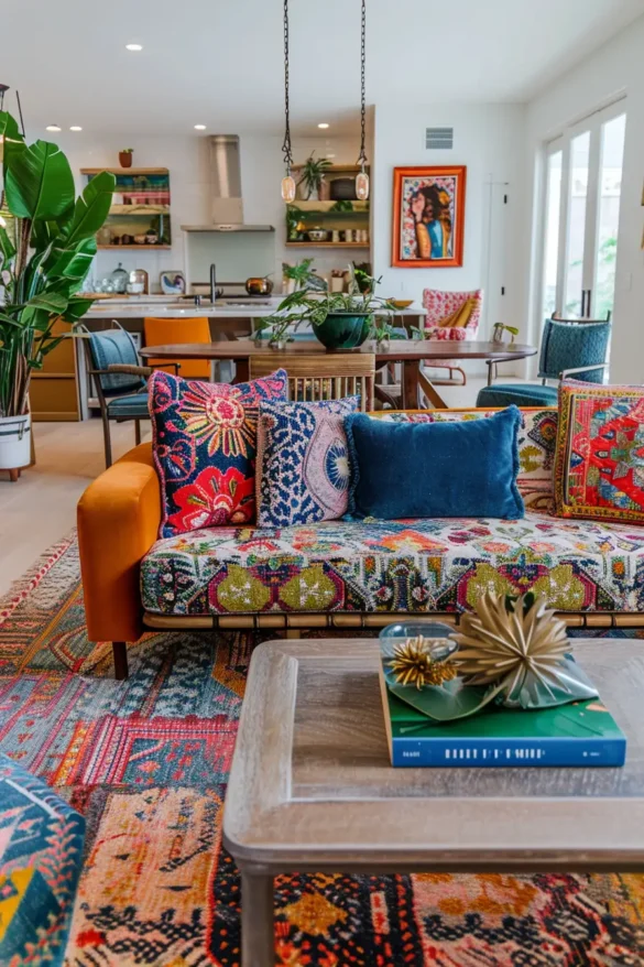 Eclectic style home decor with a vibrant mix of textures, patterns, and colors that showcases a bold, personalized look.