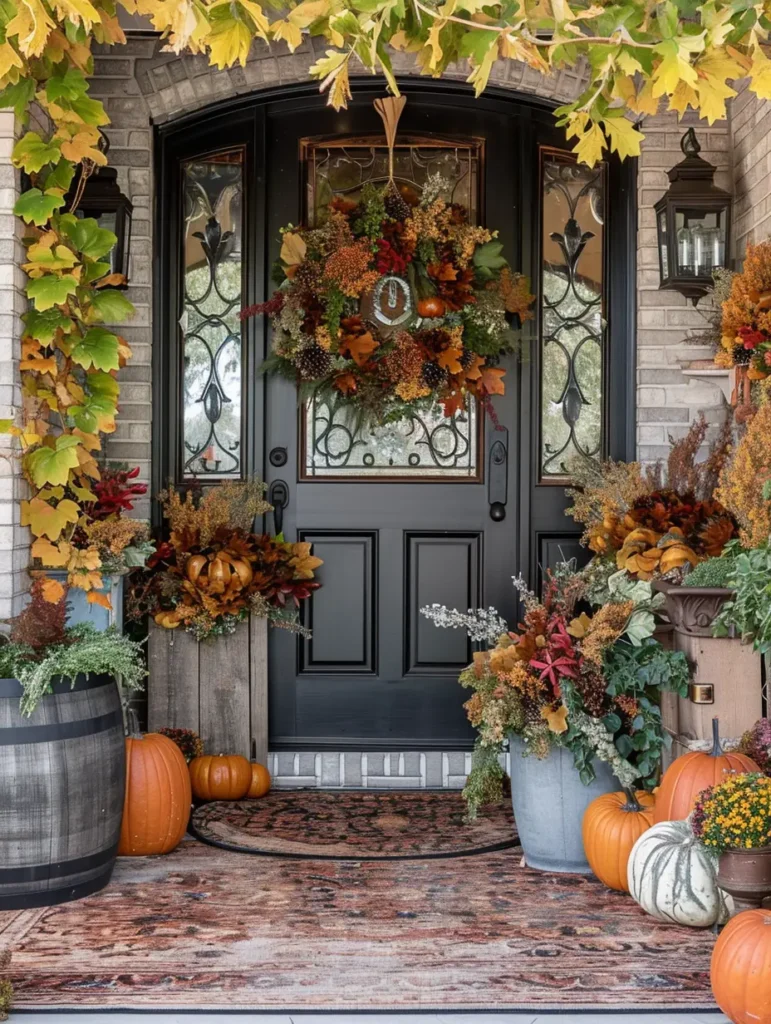 A welcoming entryway adorned with a fall wreath and seasonal accents.