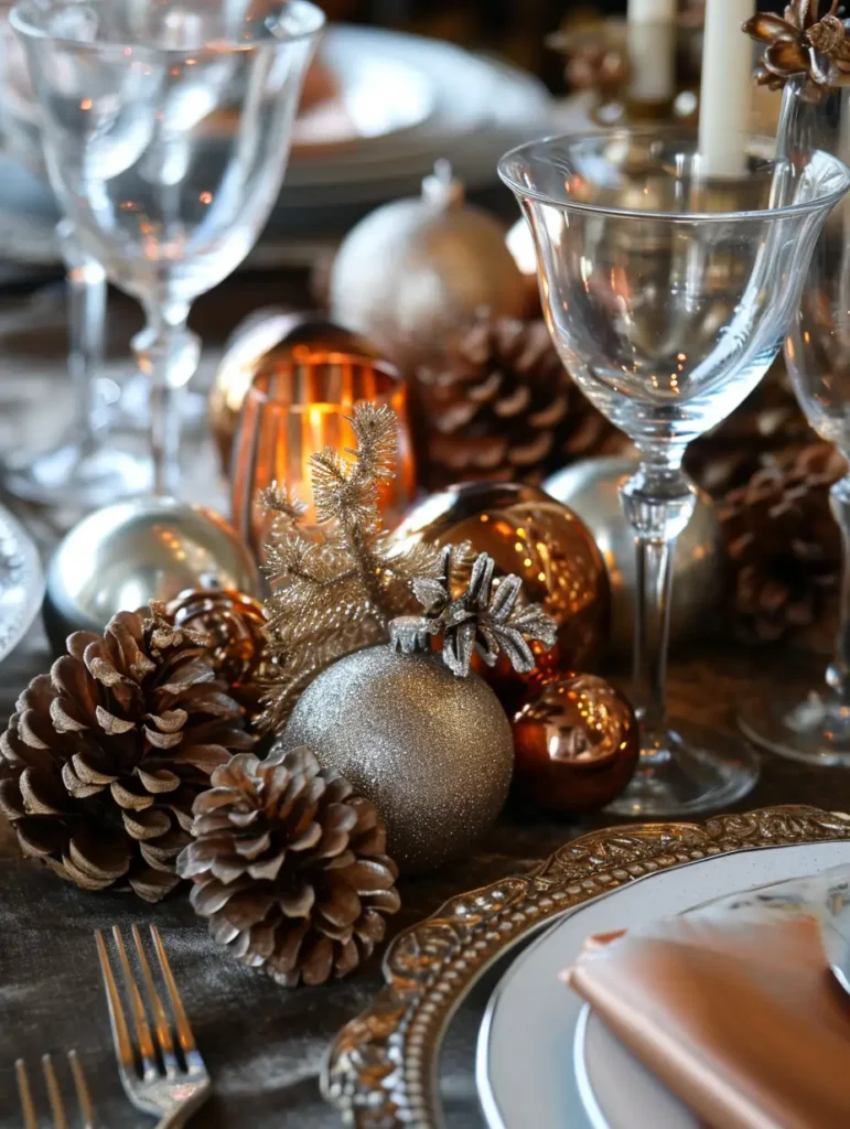 An autumn centerpiece combining natural pinecones with elegant glass ornaments.