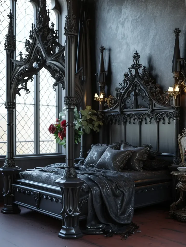 An exquisite gothic bed frame takes center stage in a bedroom, its dark wood and ornate details exemplifying gothic elegance