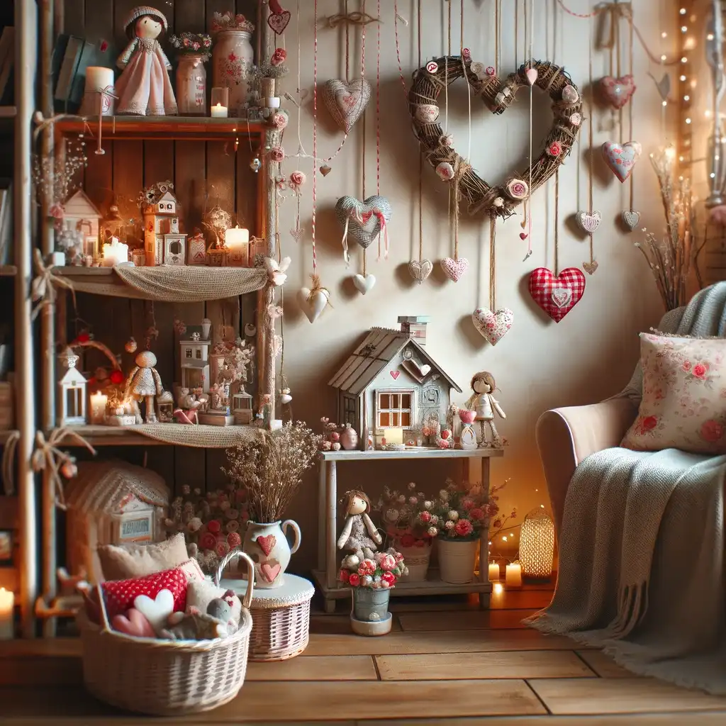 Charming and unexpected Valentine's Day decorations in a cozy home corner, creating delightful surprises that spread love throughout the space.
