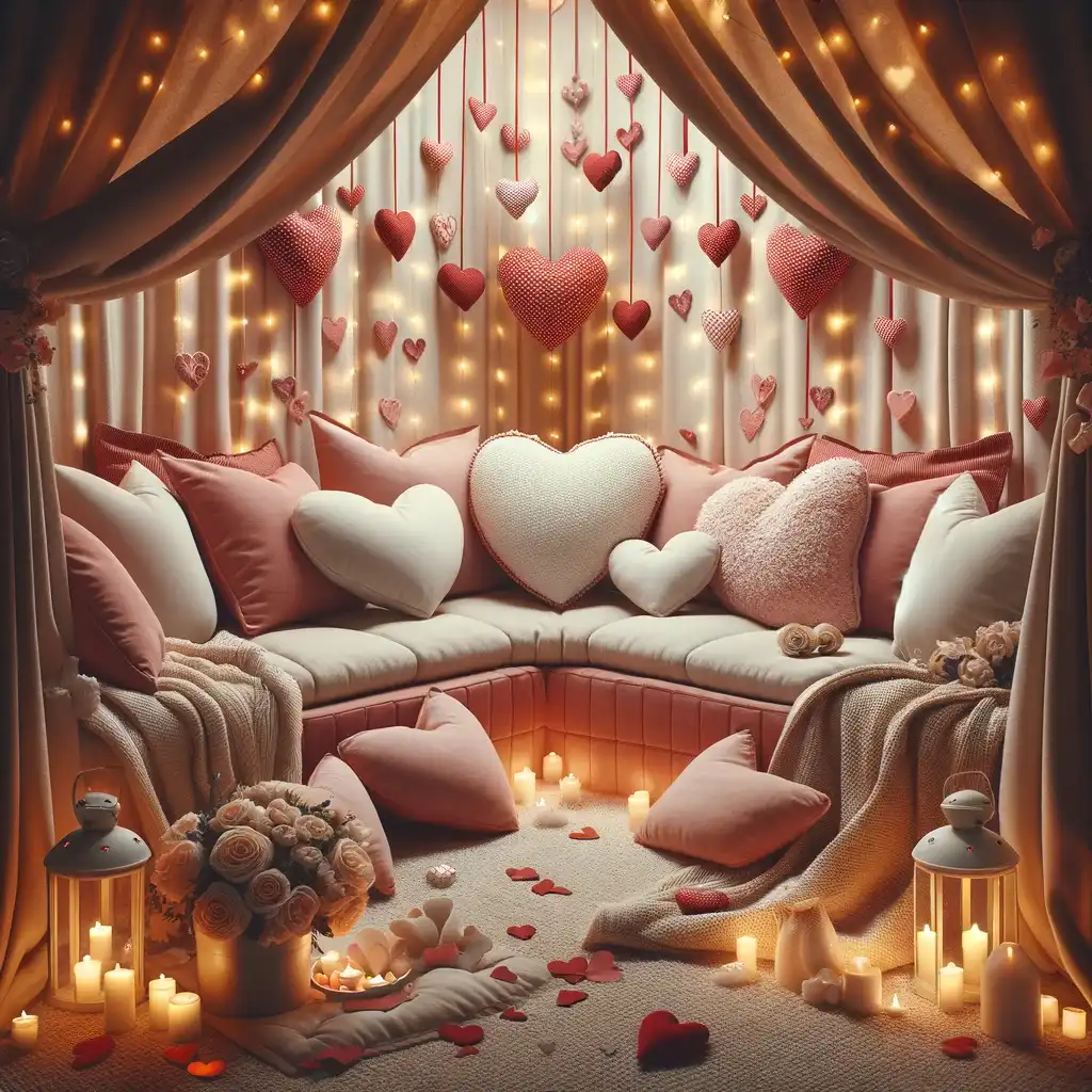 A cozy and romantic Valentine’s nook, perfect for cuddling, adorned with heart-shaped pillows and garlands