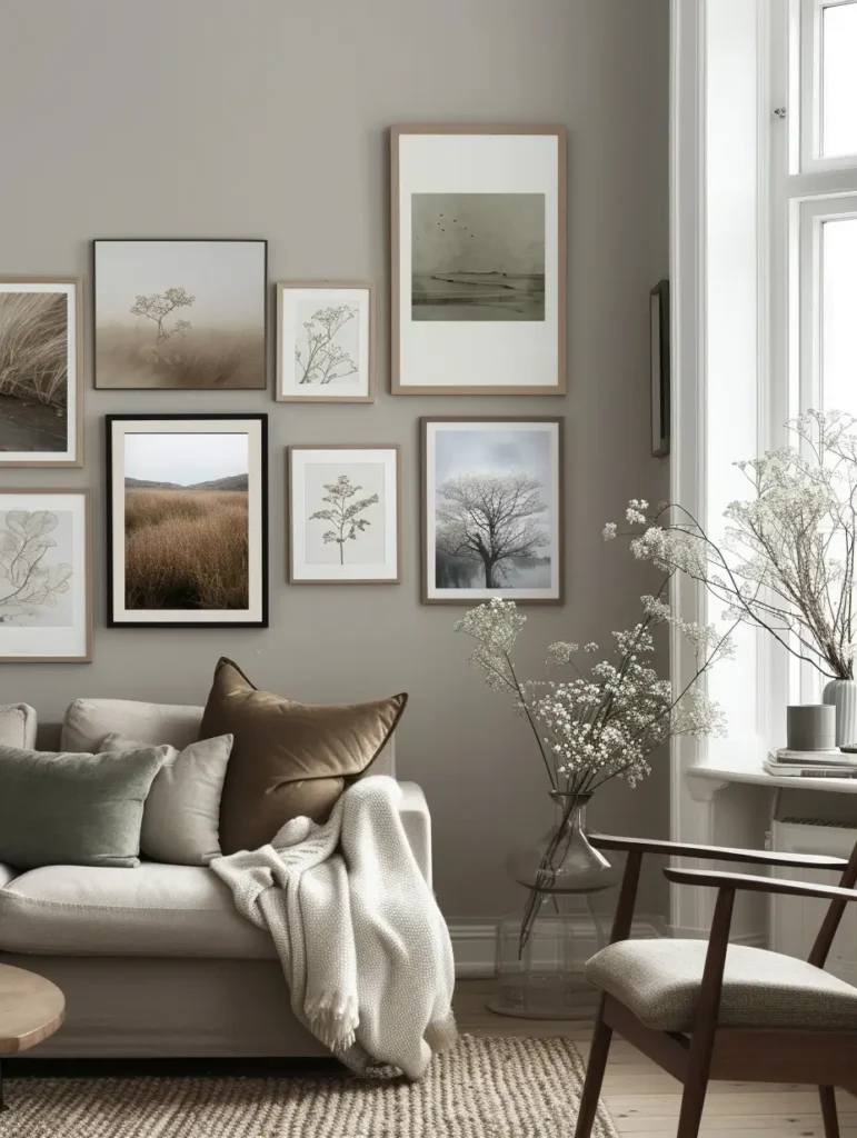 An eclectic, personal gallery wall showcasing a tapestry of cherished memories and art above a cozy couch.