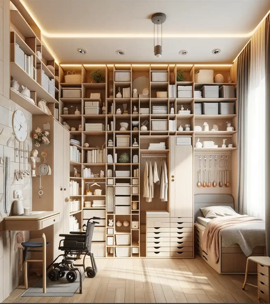 Efficiently organized nursing home room utilizing vertical space for storage while maintaining an open and accessible environment.