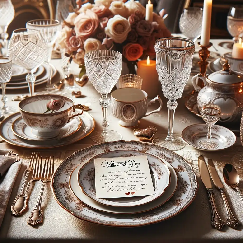 Exquisite place settings with fine china and crystal stemware, personalized for a romantic dinner