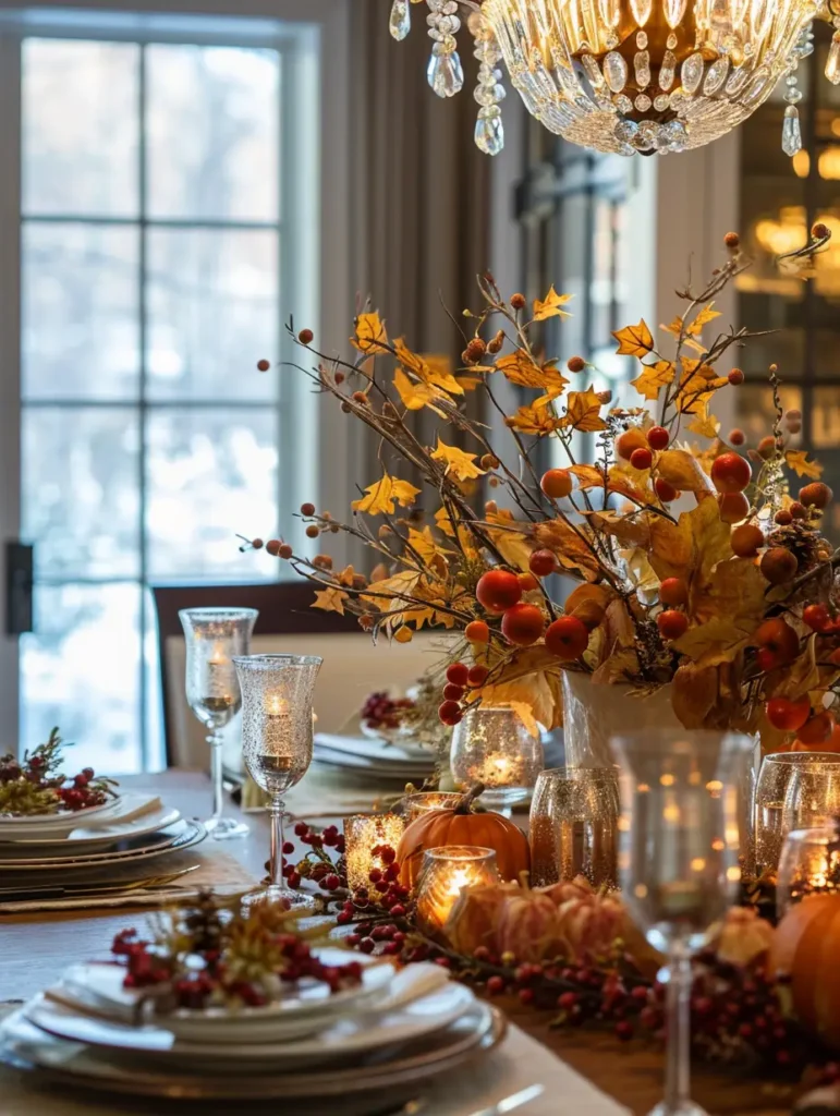 Focused lighting highlighting an intricate autumn centerpiece on a dining table.