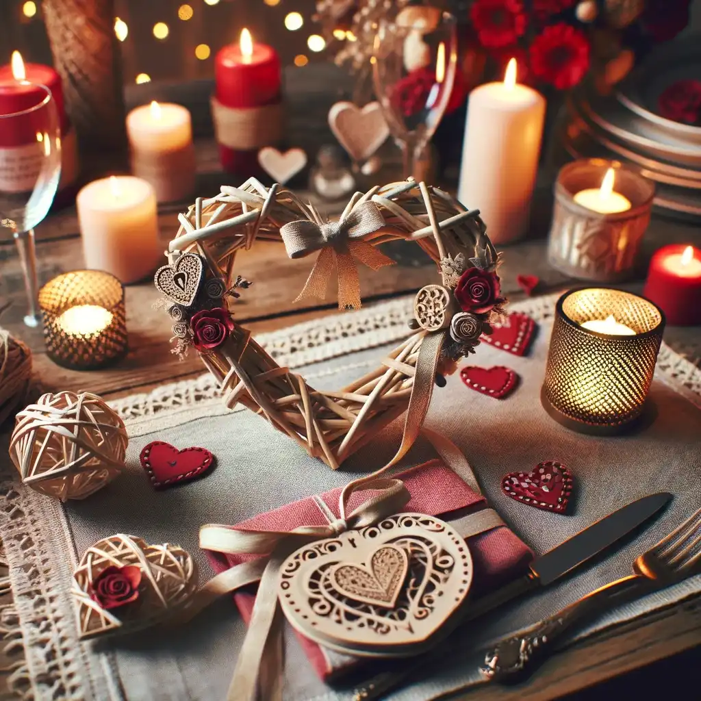 Handcrafted Valentine's Day decorations, including a heart-shaped wreath and personalized candle holders, adding a unique touch to the festive table.