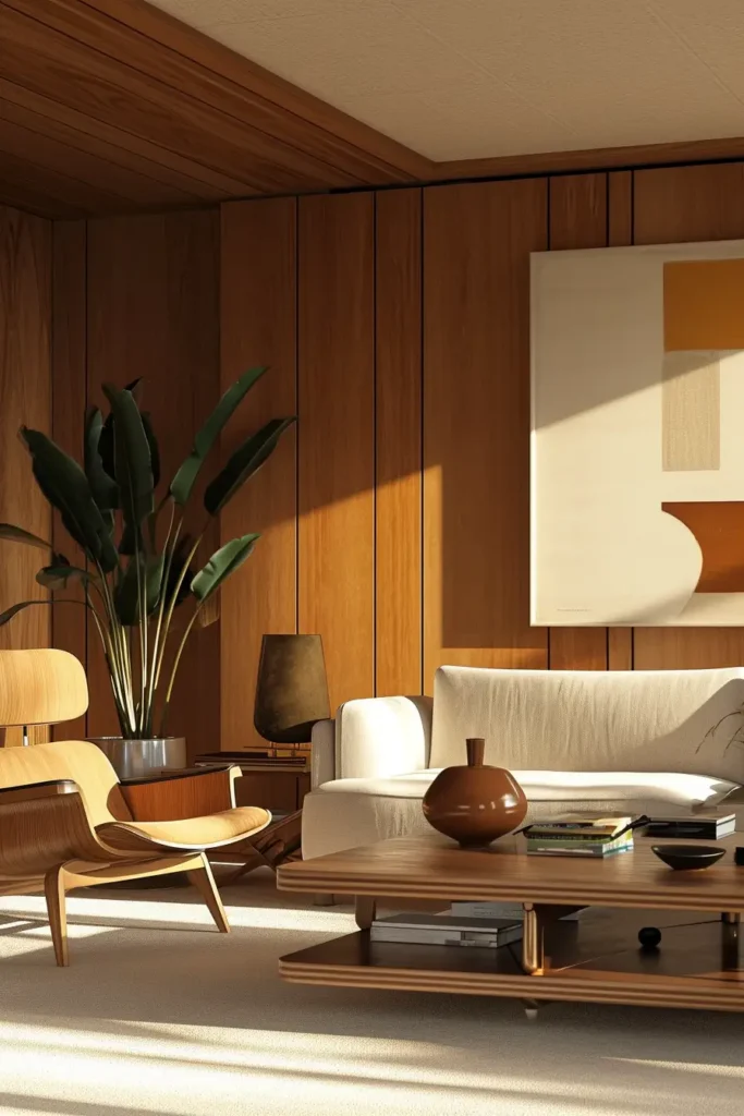 Iconic midcentury modern living room with sleek furniture, celebrating simplicity and 20th-century charm.