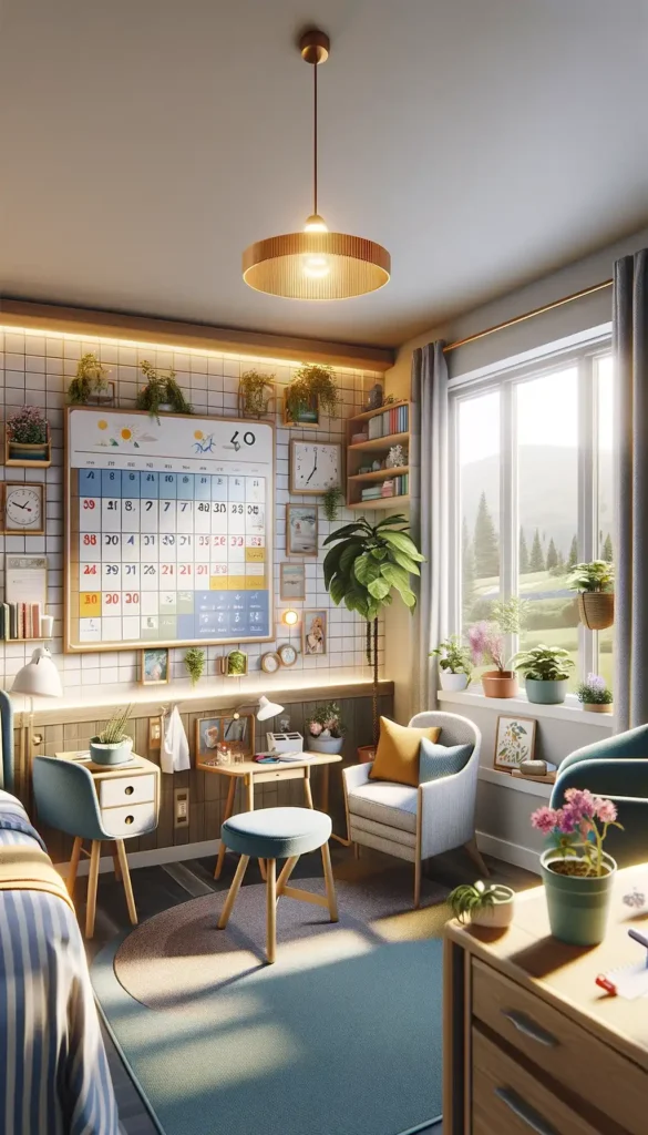 Nursing home room featuring interactive decor elements, including a personal calendar and a houseplant for resident engagement.