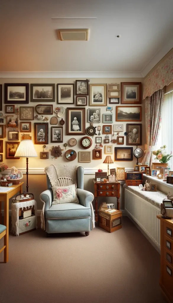 Personal touches in nursing home room decor featuring family photographs and beloved keepsakes.