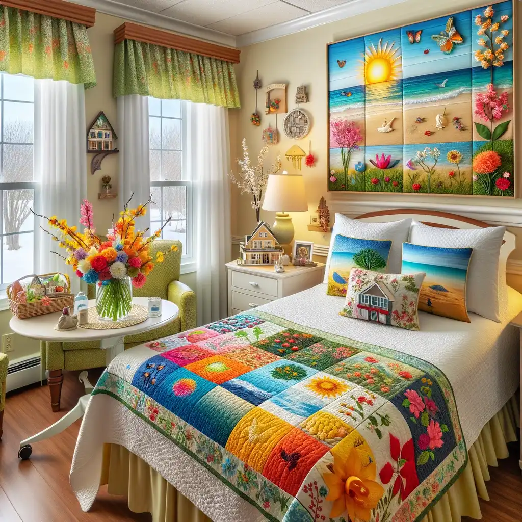 Seasonal decor, like a bright summer quilt and fresh spring flowers, brings the beauty of each season into a nursing home room.