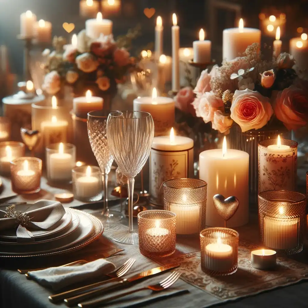 Valentine's Day table elegantly adorned with scented candles, casting a soft light and heightening romance in the home.